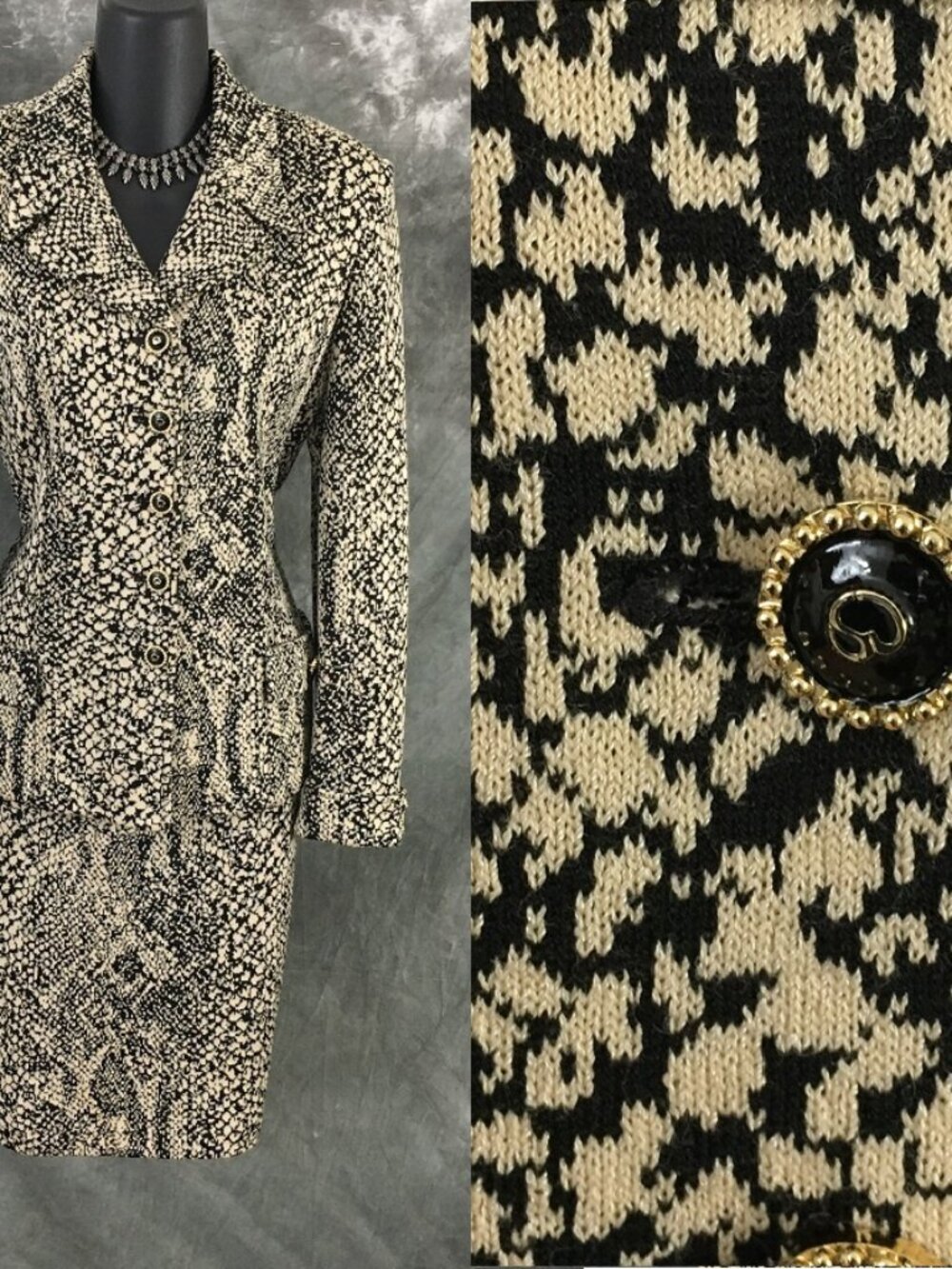 BEAUTIFUL St John collection knit beige black jacket skirt suit size 4 6